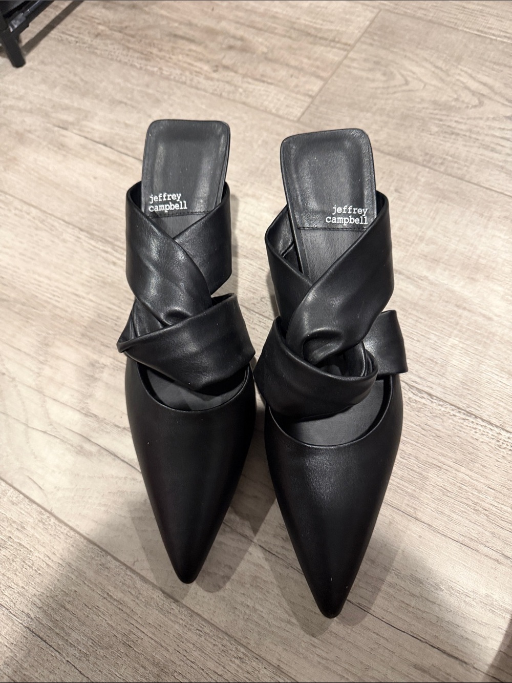 Jeffrey Campbell Black Twisted Strap Pointed Mules